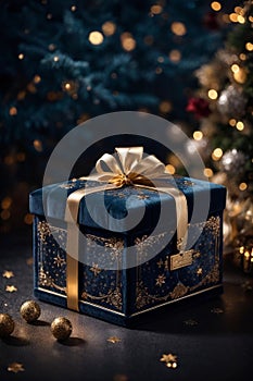 Impressive, luxurious gift box covered in velvet, with gold ribbon and bow on background of Christmas tree. Bokeh, headlights.