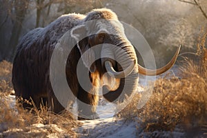 An impressive mammoth its fur glinting with morning frost.. AI generation