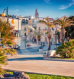 Impressive morning view of central park of Vieste town. Romantic summer scene of Apulia, Italy, Europe