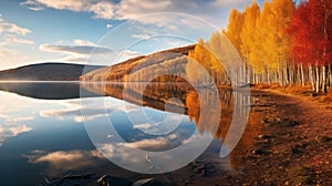 Impressive Panoramas: Red Trees Reflected In Water By A Mountain