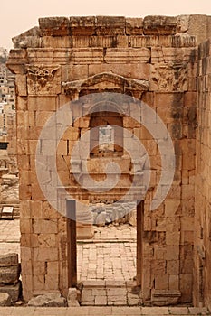 Impressive part of the entrance gate to the Temple of Artemis, Propylaeum of the Sanctuary of Artemis in Gerasa, Jerash, Jordan
