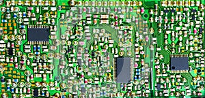 Impressive printed circuit board with many electronic parts