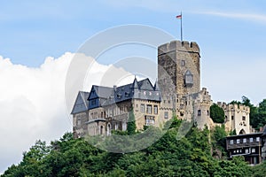 Impressive romantic medieval castle / fortress Lahneck, Germany, Rhine , located on a hill