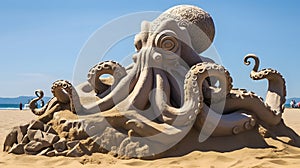 An impressive sand sculpture featuring a playful octopus