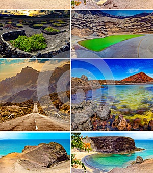 Impressive and scenic volcanic nature unique in Timanfaya National Park.Collage design