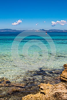 Impressive sea view: the amazing colors of the mediterranean sea in La Sabina, Formentera Island, Baleares, Spain