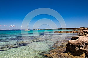 Impressive sea view: the amazing colors of the mediterranean sea in La Sabina, Formentera Island, Baleares, Spain