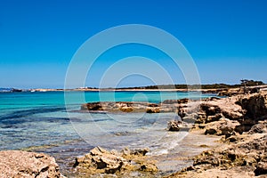 Impressive sea view: the amazing colors of the mediterranean sea in La Sabina, Formentera Island, Baleares, Spain