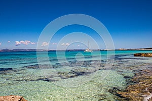 Impressive sea view: the amazing colors of the mediterranean sea in La Sabina, Formentera Island, Baleares, Spain