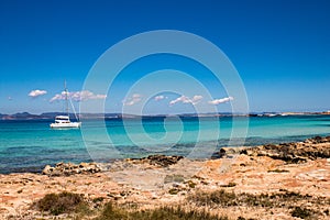 Impressive sea view: the amazing colors of the mediterranean sea in La Sabina, Formentera Island, Baleares, Spain