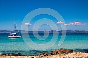 Impressive sea view: the amazing colors of the mediterranean sea in La Sabina, Formentera Island, Baleares, Spain