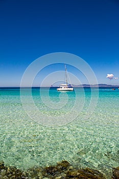 Impressive sea view: the amazing colors of the mediterranean sea in La Sabina, Formentera Island, Baleares, Spain