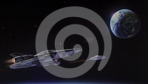 Impressive spacecraft maneuvering in deep space with starry background photo