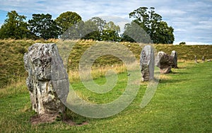 Impressive standing stones from the historic circle in Avebury Wiltshire. Sheep can be seen grazing amongst the massive rocks