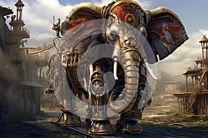 Impressive Steampunk elephant steam. Generate Ai