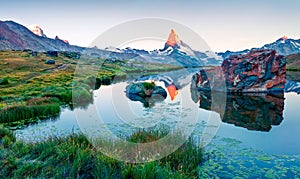 Impressive summer scene of the Stellisee lake. Splendid evening view of Matterhorn Monte Cervino, Mont Cervin in Swiss Alps, Swi