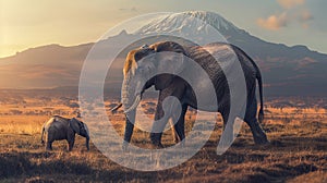 Impressive view of mother elephant with her baby on grassy african savannah with massive snow-capped mountain in background