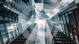 Impressive View of Skyscrapers Towering Above From Ground Level, Storm clouds casting dramatic shadows on glass skyscrapers