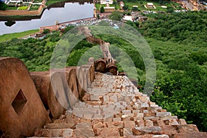 Impressive view of the steep steps to the wall of Amber fort, Jaipur, India