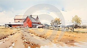 Impressive Watercolor Sketch Of A Red Barn In Rural America