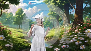 Impressive woman looking VR wonderland bokeh falling meta forest. Contraption.