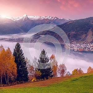 Impressively beautiful Fairy-tale mountain lake in Austrian Alps. Beautiful mountain landscape in the Alps with Zeller Lake in