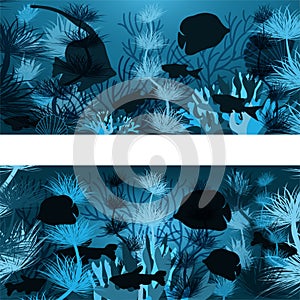 Underwater banner with algae and tropical fish
