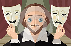 Great english playwright with theater masks on stage photo