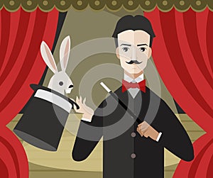 Magician magic trick bunny rabbit with top hat on theater stage