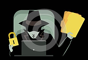 Ransomware hacker virus using a computer with a lock and files