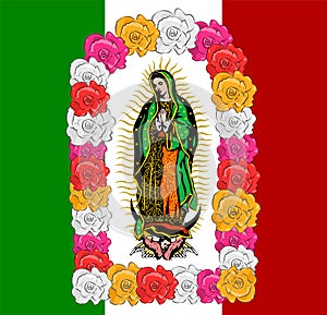 Virgin of Guadalupe, color Roses and mexican flagVector illustration.