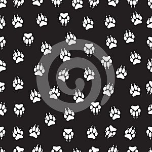 Imprint animal paws with claws, footprint seamless pattern, vector background, black and white illustration, monochrome
