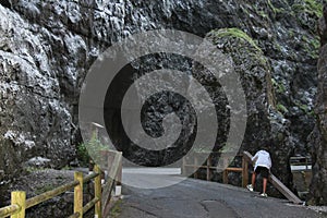 The imprint of a boulder in a mountain of the I Serrai di sottoguda canyon. Veneto, Italy.