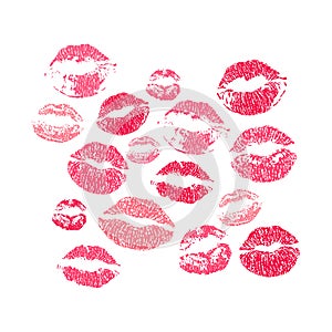 Imprint of Female Lips. Set. Sweet Kiss. Symbol of Romance Love. Silhouette of Seductive Sexy Woman Lips. Smooch. Red and Pink