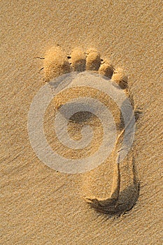 Imprint of human feet on sandy beach