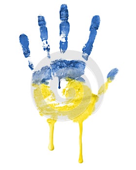 Imprint of left hand in blue and yellow paints, colors flag of ukraine isolated