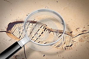 Imprint left by a thief on a clayey soil - Concept image seen through a magnifying glass