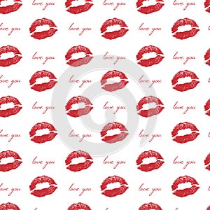 Imprint of lips - a kiss, red lipstick. Vector seamless pattern