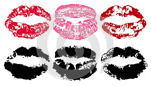 Imprint of lipstick. Lips trace isolated on white background, vector silhouette. Kiss set