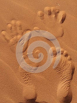 An imprint of our hands and feet in the sand