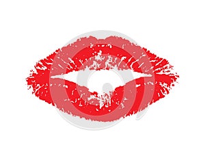 Imprint red lips. Lipstick red print isolated on white background. Imprint pomade. Beautiful kiss for design. Pink lips makeup