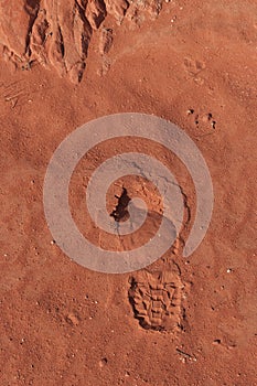 Imprint of the shoe on red stone sand