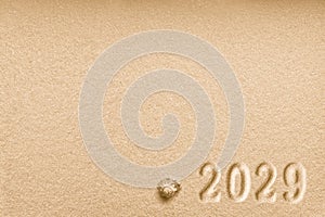 Imprints of numbers 2029 new year and a shell left side on a golden sand