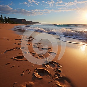 Imprints in sand, footprints etched on ocean beach, tales of fleeting footsteps