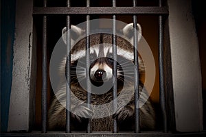 Imprisoned raccoon behind bars in prison. AI generated.