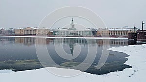 improbable winter landscape of the snow-covered embankment of St. Petersburg, Museums of Anthropology and Ethnography of