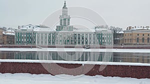improbable winter landscape of the snow-covered embankment of St. Petersburg, Museums of Anthropology and Ethnography of