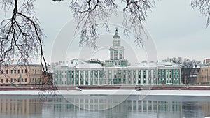 improbable winter landscape of the snow-covered embankment of St. Petersburg, Museums of Anthropology and Ethnography of