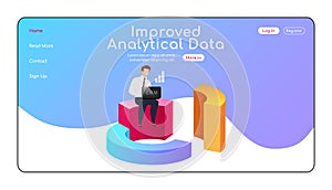 Improved analytical data landing page flat color vector template