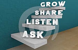 Improvement Steps Ask Listen Share Grow Self Help Tips 3d Illustration